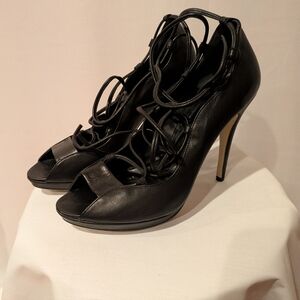 kathryn Amberleigh Elegant Black Leather Lace-up Women's Heels